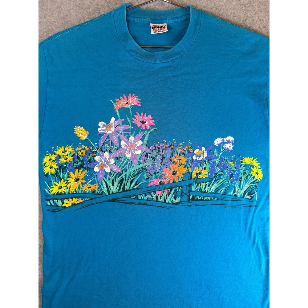 Vintage 1990 Lifestyles Floral Graphic T-Shirt Signal Mega-Tee Blue SingleStitch